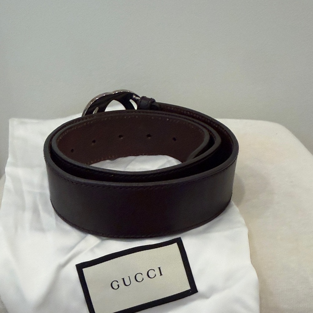 Gucci Brown Leather Men's Belt with Silver Double G Buckle - Picture 2 of 3